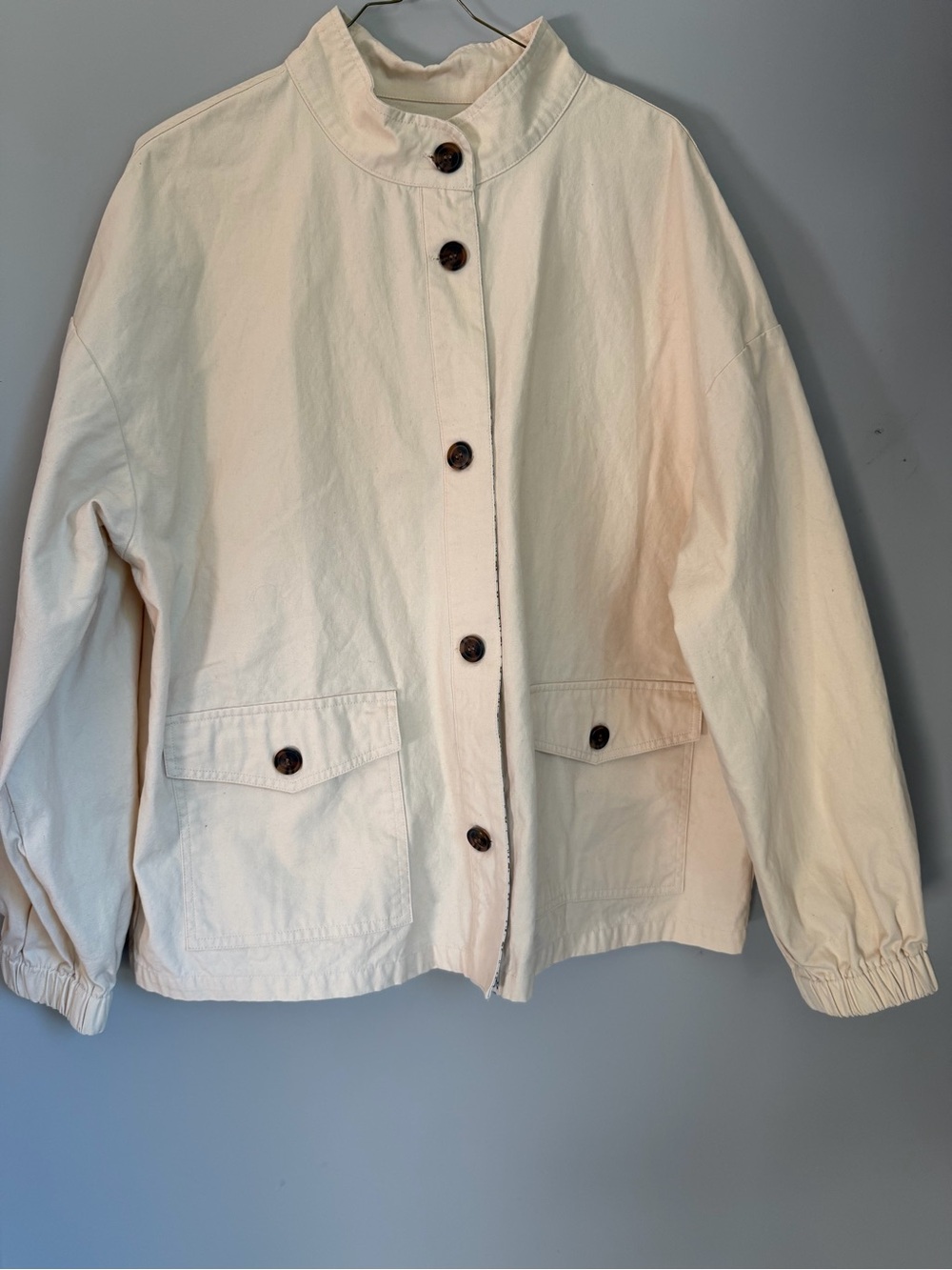 Cream Utility Chore Jacket funnel neck
